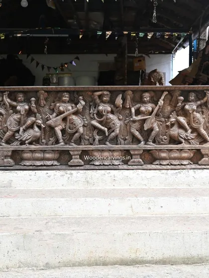 This 73-inch horizontal panel captures the celestial dance and music of the Apsaras. The deep relief and natural wood finish emphasize the fluid movement and intricate details of each figure, making it a masterpiece of traditional carving.