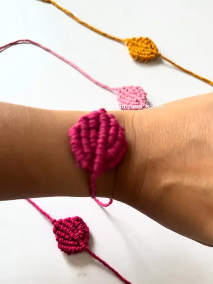 Here is my leaf-pattern Rakhi worn as a bracelet. This design is a bit simpler and has a modern, minimalist feel.