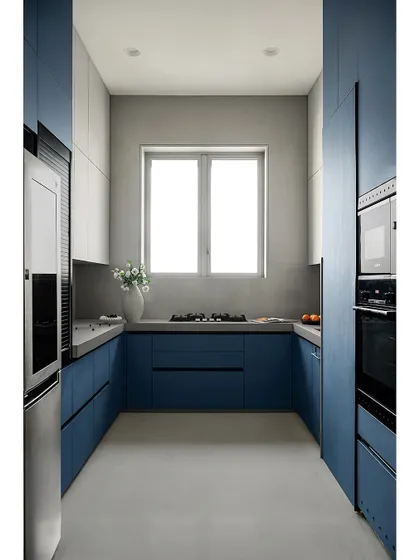 A full view of the galley kitchen, showing the efficient layout and the beautiful color combination. The design maximizes storage and counter space while maintaining a bright and open feel.
