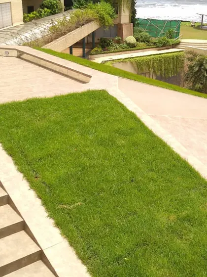 We specialize in transforming complex architectural spaces. Here, we installed a pristine lawn on a sloped section of a multi-level roof, seamlessly connecting the built environment with natural elements.
