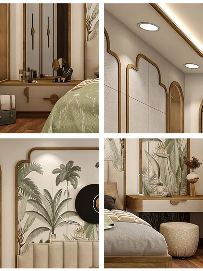 A collage showing the fine details of the modern-traditional master bedroom. Notice the custom hardware, the integrated dressing table, and the beautiful wallpaper that brings the room to life.