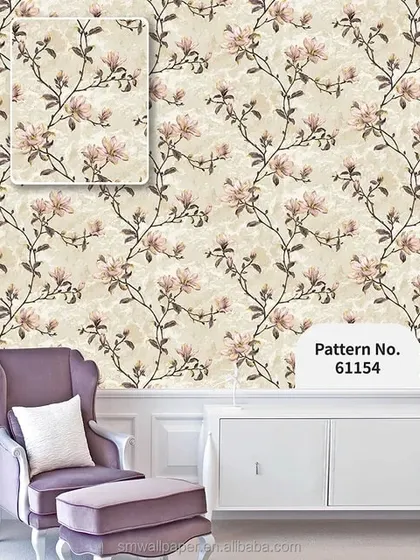 A room mockup with a beige wallpaper featuring a pattern of pink flowering vines.