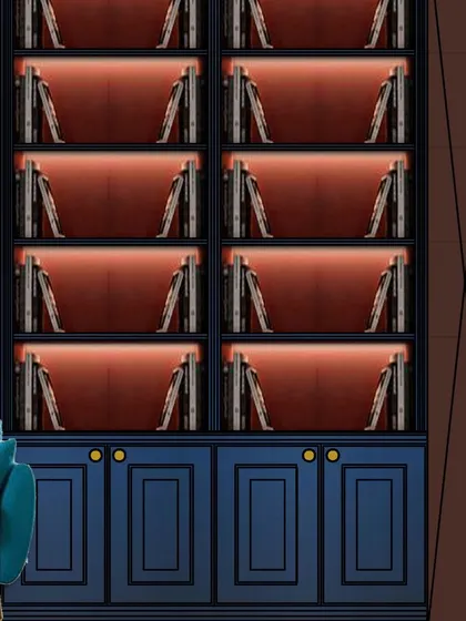 A detailed view of our home library concept. The deep blue shelving with integrated lighting creates a dramatic and immersive atmosphere, turning a simple room into a literary haven.