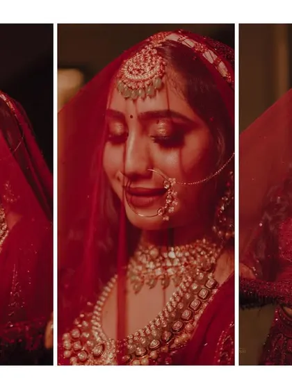 A collage of the bride under her red veil. These dramatic and romantic portraits capture her beauty and the traditional bridal look.