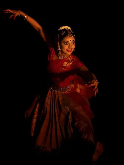 A dynamic pose from the "Mothe Bhoot" segment of *VitthāMāi*. The choreography aims to capture the wild, untamed energy of a spirit that both haunts and liberates, a core concept in Tukaram's poetry.