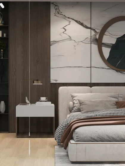 The bedside detail, showing a modern floating nightstand and a textured headboard against a mix of wood and marble panels.