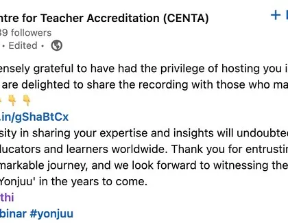 A screenshot of CENTA's post sharing the recording of my webinar, expressing their gratitude for my generosity in sharing my expertise.