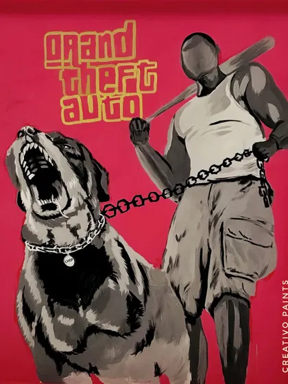 A detailed shot of the Grand Theft Auto inspired section of a custom mural. I focus on capturing the distinct art style of each game to create an authentic tribute.