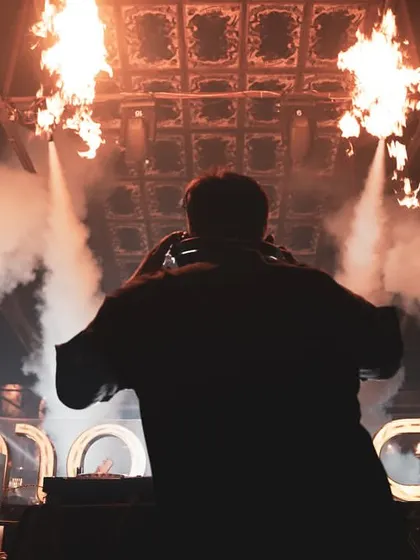 Surrounded by fire and smoke, this is the view from my perspective at Di Mora. It's an intense, immersive experience that I create for the audience.