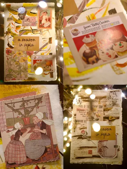 A four-panel image displaying the beautiful, vintage-inspired artwork and collages from our 'A Season in Sepia' menu. This highlights the incredible detail and craftsmanship that goes into our presentation.
