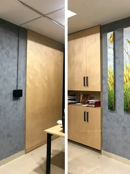 See the transformation for yourself. On the left is a plain office pillar, and on the right is the same pillar after we applied a sophisticated grey wall texture. This simple change adds a professional and modern touch to the workspace.