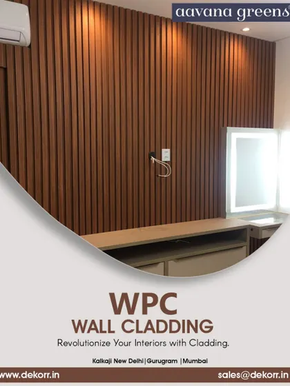This WPC wall cladding in a rich wood tone transforms a simple wall into a stunning feature in a bedroom. It serves as a beautiful backdrop for a vanity or dressing table, adding a touch of warmth and modern elegance.