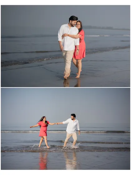 A collage of the couple enjoying a walk on the beach, splashing in the waves and sharing a hug.