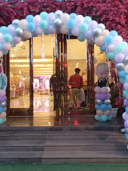 An entrance arch for a large party, decorated in pastel colors. This arch features balloons in light blue, purple, and silver, with cutouts of characters like Boss Baby and Elsa from Frozen.