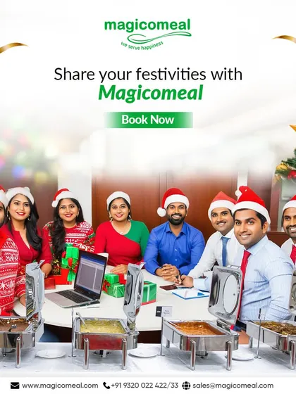 Share your Christmas festivities with me. This image shows a team enjoying a holiday meal together, highlighting my specially curated menu that adds a flavorful twist to your joyous occasions.