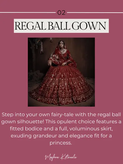 The regal ball gown silhouette is for the bride who wants a fairytale moment. With a fitted bodice and a full, voluminous skirt, this style exudes grandeur and elegance.
