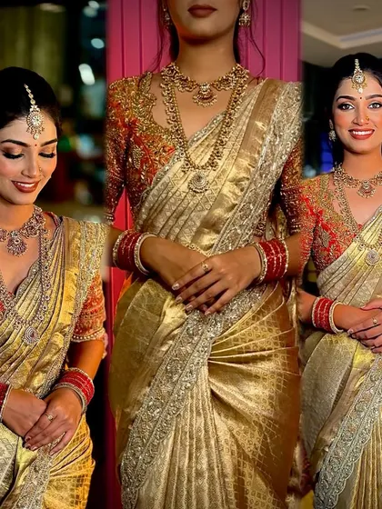 A collage showcasing different angles of the golden Kanchivaram drape, highlighting its versatility and beauty.