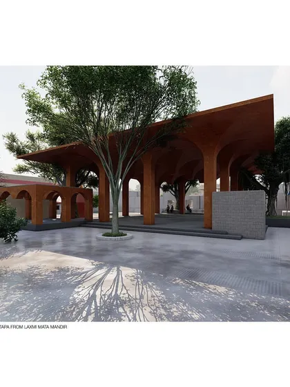 This is a render for a proposed Sabha Mandapa at the 350-year-old Sri Chidambara Temple. The design respects three historic trees, building an open, multi-purpose space around them.