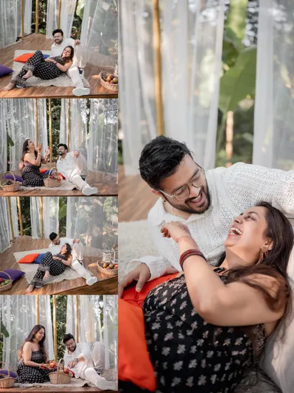 A collage showing the couple's laughter and joy as they relax together on a picnic blanket during their pre-wedding shoot.