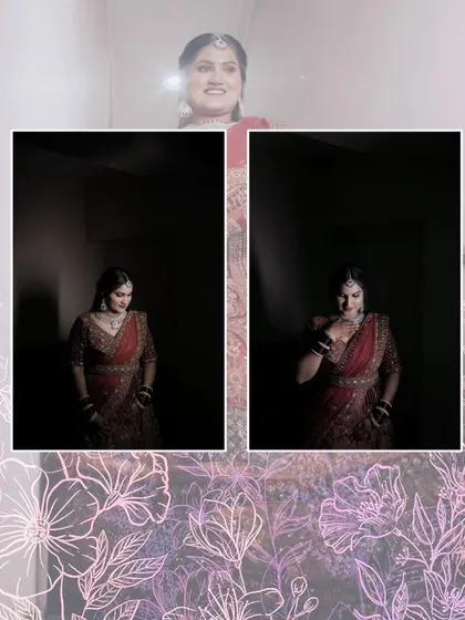 A collage of artistic portraits of the bride in her stunning reception lehenga.