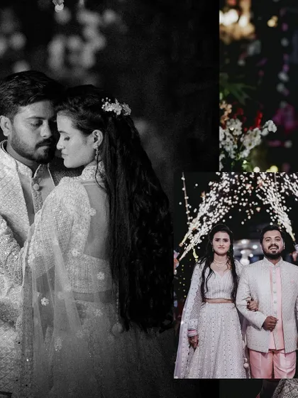 A creative collage capturing different angles and moods from the engagement night, from romantic close-ups to full-length poses.