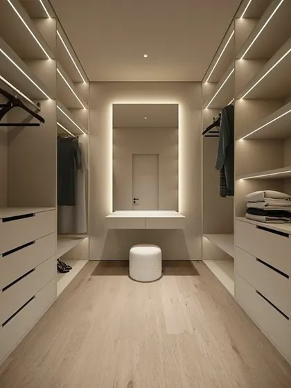 This minimalist walk-in closet is a perfect example of serene sophistication. With clean lines, handleless drawers, and integrated LED lighting, it’s a calm and organized space designed to make getting ready a peaceful ritual.