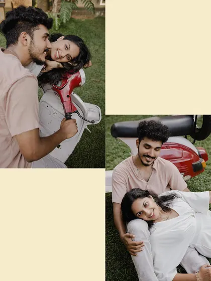 A collage of playful and romantic moments with a vintage scooter.