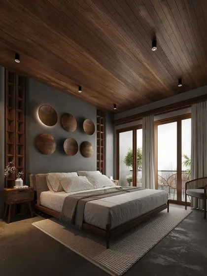 A wide shot of the bedroom, capturing the full effect of the wood-paneled ceiling and custom wall decor.