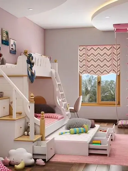 A playful kids' room in pink and white, featuring a bunk bed with stairs that have built-in storage. The room also includes a small slide and a gymnastics ladder for active play.