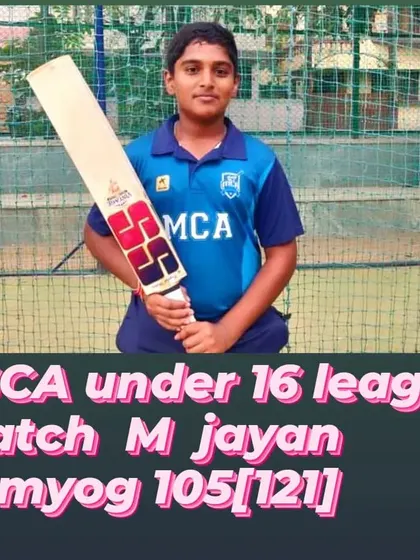 A tremendous century by Jayan Samyog, scoring 105 runs in a KSCA Under-16 league match. This is the result of dedicated practice and strong technique.
