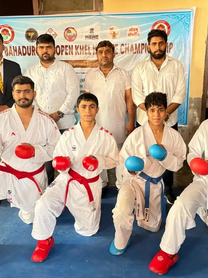 My team of fighters, geared up and ready for the Bahadurgarh Open Khel Karate Championship. This is the warrior mindset I build.