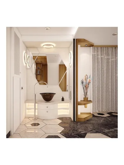 In this luxury apartment, we used a hexagonal geometric theme to create unique focal points, as seen in this bathroom. The design combines patterned hexagonal floor tiles with a minimalist counter-top basin and a floor-mounted tap, demonstrating our attention to detail and ability to execute a cohesive design concept.