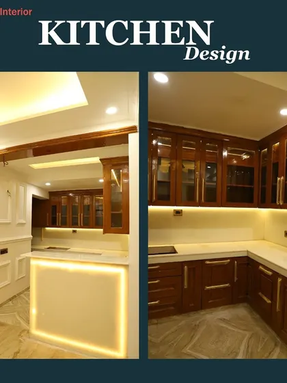 A beautiful and functional kitchen featuring warm wood cabinets with glass inserts. The design includes an illuminated breakfast counter, creating a perfect spot for casual meals.
