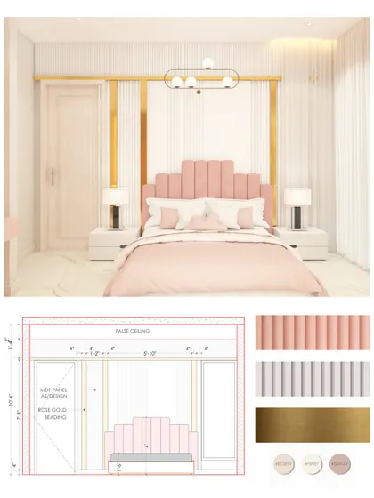 From 2D drawing to 3D render, this image shows the planning behind a chic bedroom. The design features a pink channel-tufted headboard framed by rose gold metallic beading and white fluted panels.