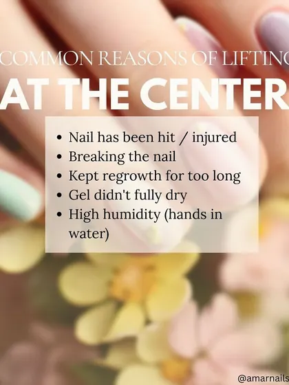 Why does gel lift in the center? This is often due to trauma, like hitting the nail, or waiting too long between refills, which puts stress on the nail.