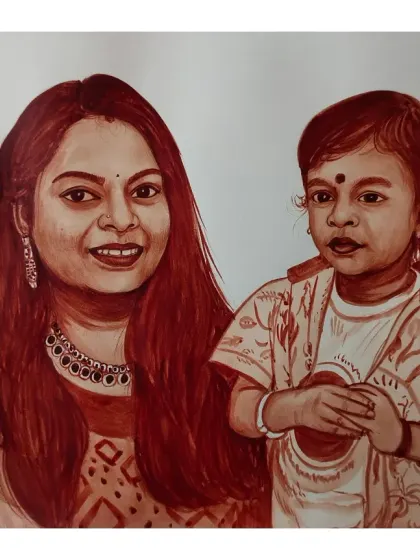 A touching blood portrait of a mother and her child. This is a perfect way to celebrate motherhood and family.