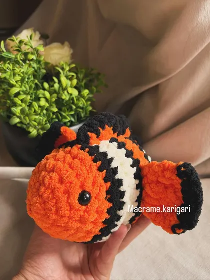 A front view of our crochet clownfish. The chunky yarn makes it extra plush and huggable.