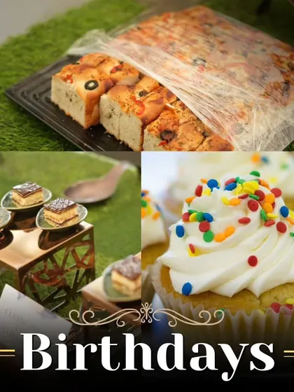 A collage of treats perfect for birthday parties. From savory focaccia bread to sweet cupcakes and pastries, we cater to all tastes for a joyful celebration.