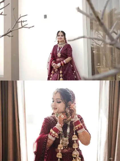 A collage of the bride's getting-ready moments, capturing her beauty from different angles, both indoors and outdoors.