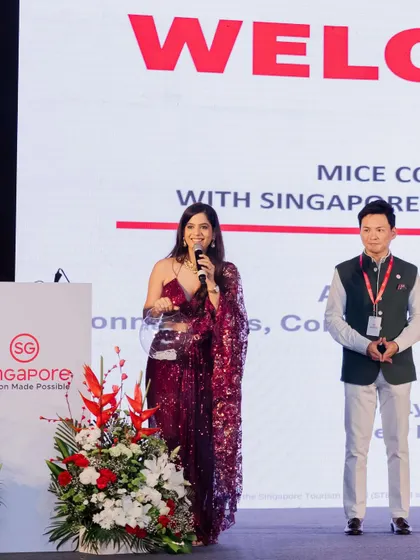 Hosting for the Singapore Tourism Board, I am seen here welcoming guests and setting the stage for an evening of connection and discovery. My role was to bring the story of Singapore to life for the MICE Conclave audience.