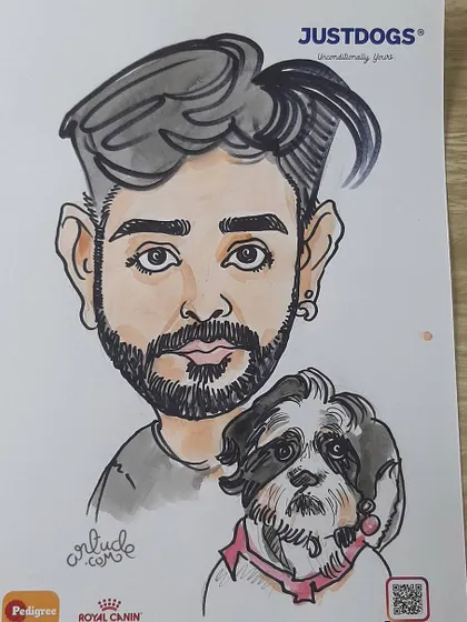 A stylish man and his equally stylish dog captured in a live caricature.