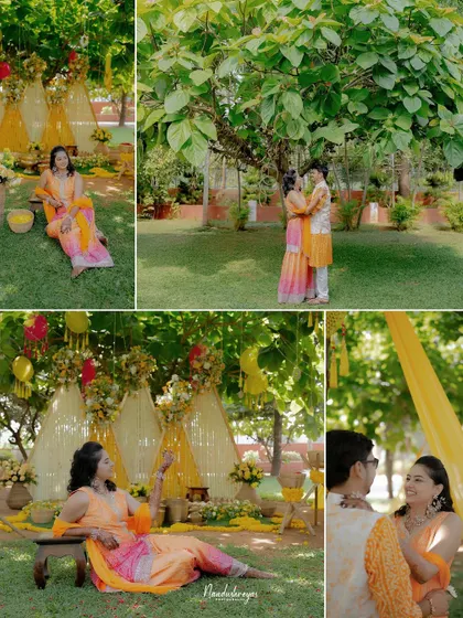 A collage of moments from the Haldi day, combining portraits of the bride, the couple, and the vibrant decor to tell a complete story.