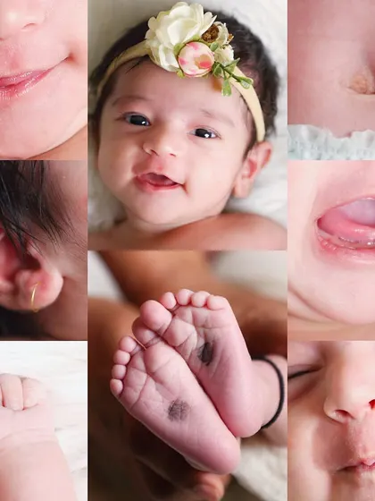 A colorful and happy collage of a smiling baby girl's features. This collection of close-ups captures her happy personality and all her adorable details.