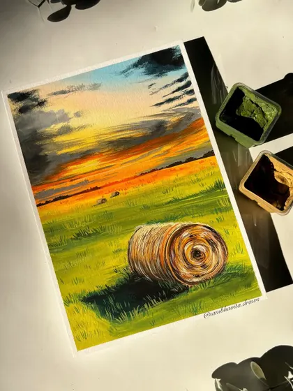 The full view of my final haystack painting, showing the vibrant green field against the fiery sunset. This was a challenging but rewarding piece.