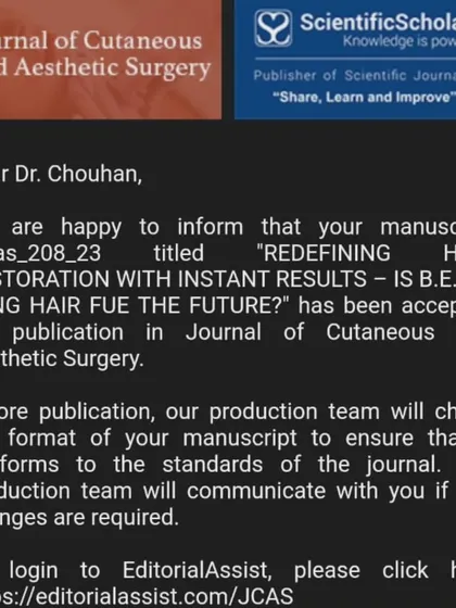 We are delighted that our manuscript on achieving instant results with Long Hair FUE has been accepted for publication. This technique is redefining patient expectations in hair restoration.