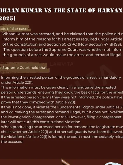 The Supreme Court has held that informing an accused of the grounds for arrest is a mandatory constitutional right under Article 22(1). I ensure that the fundamental rights of my clients are protected at every stage.