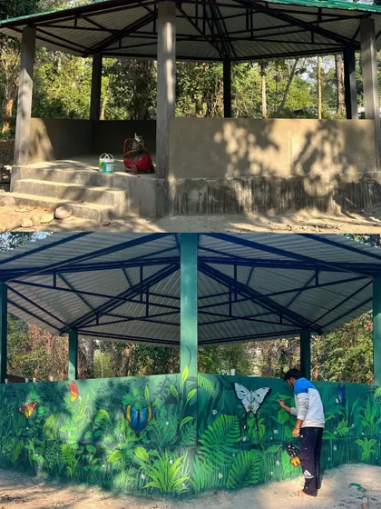 A before and after look at a wall mural project in Arunachal Pradesh. We transformed a simple concrete gazebo into a vibrant jungle scene, showing how on-site art can bring any space to life.