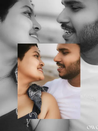 A creative black and white collage focusing on the intimate, smiling glances shared between the couple during their beach pre-wedding session.