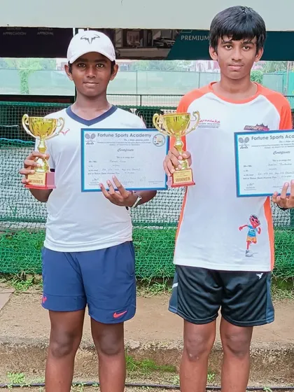 The winning duo from the Boys U14 Doubles event at the AITA CS7 tournament. Our events are structured to support the development of doubles specialists.