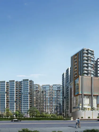 A wider perspective of the Radius Avenue 54 development, showcasing the multiple towers and integrated commercial spaces. Our design focuses on creating a complete community with world-class amenities and a strong sense of place.